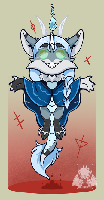 a blue and gray baphomet, draw on a chibi style, floating over a summoning circle, in cult of the lamb style.