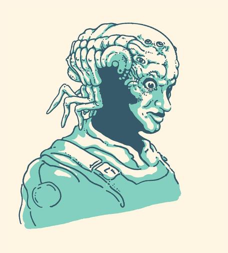 Drawing of an extraterrestrial person with insect-like legs sprouting from the back of their head