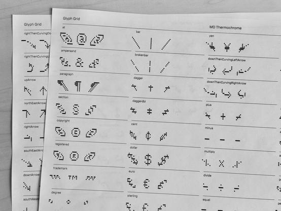 Photograph of a couple of pages from a proof document, showing side-by-side comparisons of various glyphs in different styles of the same typeface (in this case, MD Thermochrome). As well as the regular, the other styles are an extremely slanted italic (almost 36°!), and a reverse italic which slopes backwards by the same angle.