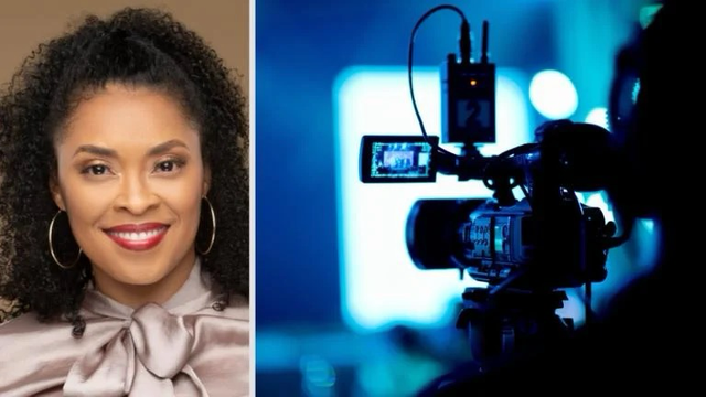 Natasha Olguin has been named deputy commissioner of the Chicago Film Office. (Credits: Department of Cultural Affairs and Special Events (l); Varunyu Suriyachan / iStock) A person filming is on the right side of the frame.