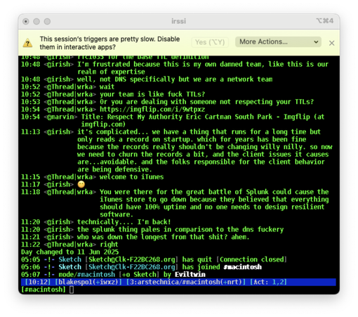 Screenshot of a irssi (IRC) session in an iTerm2 window