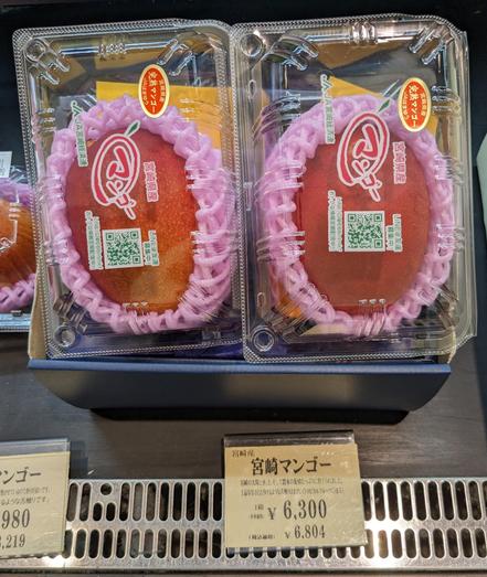 Aufwändig in Plastik verpackte Mangos (2 Stück auf dem Bild).