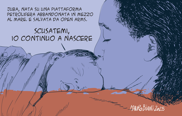 neonata e mamma.
Juba nata su una piattaforma petrolifera abbandonta in mezzo al mare, e salvata da open arms