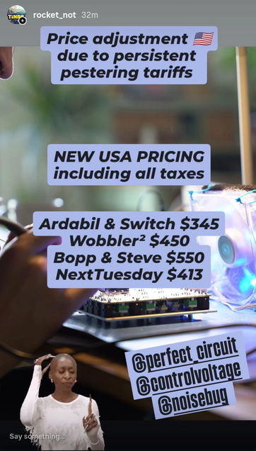 Picture of someone soldering the electronics of one of our modules in front of a small fan with blue light.
Overlayed is the text New USA pricing including all taxes 
Ardabil & switch $345
Wobbler² $450
Bopp & Steve $550
NextTuesday $413
