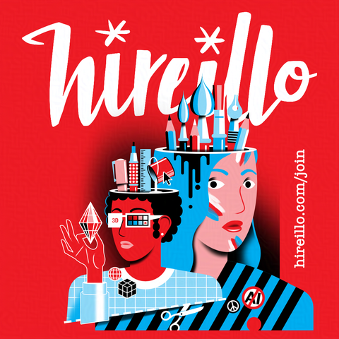 Illustration of two stylized faces with creative elements on red background, featuring art supplies, and the word hireillo with a website link.