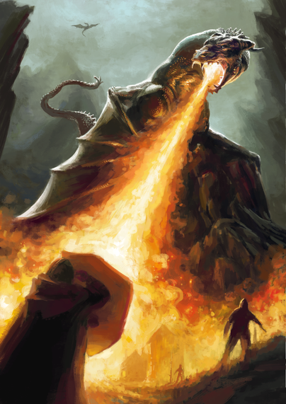 Illustration of a dragon breathing fire on a soldier who's hiding behind a shield. For Helmgast's Eon, 5th edition, coming to print 2025. Digital painting by Petra Brandström, 2021.