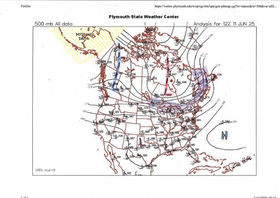 A map of North America with a ridge over BC and Northwest Territories, a trough over the Hudson Bay, and upper level low near Lubbock, and the Bermuda high present. Alaska is shaded yellow because there weren't any weather balloons in most of the state, representing missing data.