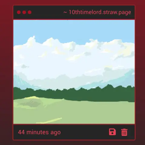 A digitally drawn scene of a field and a cloudy sky.
