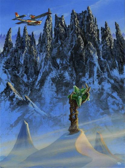 Study for AT THE MOUNTAINS OF MADNESS featuring a plane flying toward mountain peaks that on closer examination exhibit cubic structures in the stone. Snow accumulates in the crags, packed more densely lower on the slope. In the immediate foreground, the skeletal remains of a human arm thrust out of the snow with a green five-pointed star gripped in its bony fingers.
