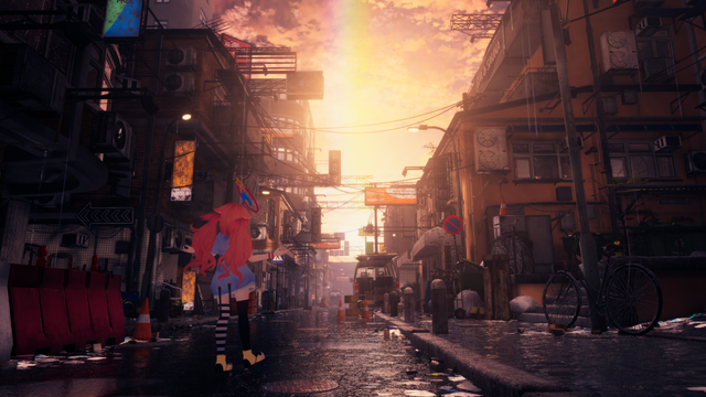 A picture of a street with no one around, with rain falling and sunlight visible further down the street. An avatar is walking down the same street.