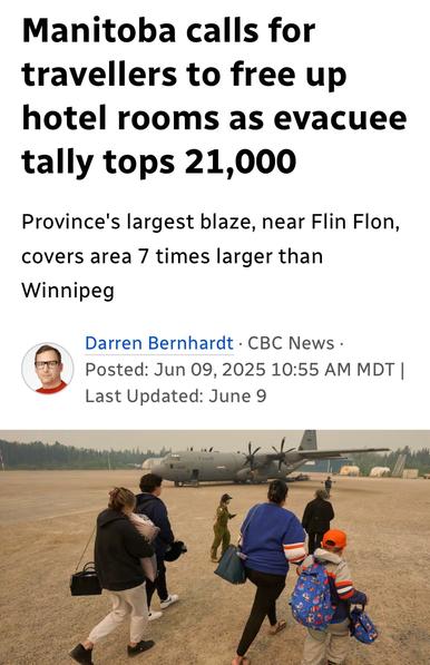 Manitoba calls for
travellers to free up
hotel rooms as evacuee
tally tops 21,000
Province's largest blaze, near Flin Flon,
covers area 7 times larger than
Winnipeg

Darren Bernhardt - CBC News -

Jun 09, 2025