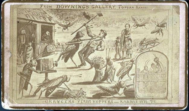 1875 cartoon by Henry Worrall showing Kansas farmers battling giant grasshoppers