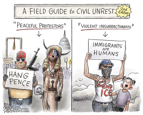 A FIELD GUIDE to CIVIL UNREST 2nd Edition

"Peaceful Protestors"
[QAnon Shaman and Jan 6 MAGA with a "Hang Pence" sign]

"Violent Insurrectionists"
[Non-white woman with a sign that says, "Immigrants are Humans," with a child and tear gas all around them]