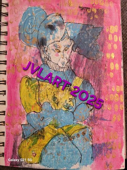 Whimsical Lady with big blue hair, Green dress and blue boots and shawl sits against a pink backdrop with gold shimmer