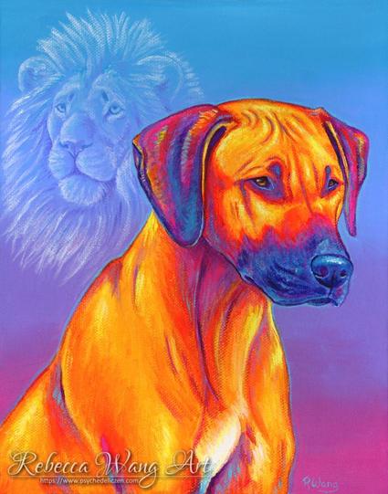 A colorful portrait of a Rhodesian Ridgeback with a lion spirit in the background.