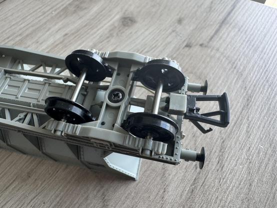 The underside of an ICI hopper wagon showing the chunky bogie design and the shorter than usual NEM pocket