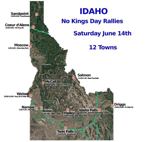 IDAHO - No Kings Day Rallies- June 14th, 2025
NEW! Weiser, ID
#Boise #CoeurD'Alene #Driggs #Hailey #IdahoFalls #McCall #Moscow #Nampa #Salmon #Sandpoint #TwinFalls #Weiser
www.mobilize.us/nokings/
www.nokings.org
#idaho #50501id #IDPol #idNews #mobilize #indivisible #June14th #SaveOurDemocracy