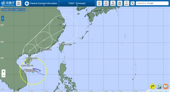 JMA's forecast map of Tropical Storm Wutip, which is expected to make landfall near Sanya, Hainan Province, China, by late Thursday night or early Friday morning local time.