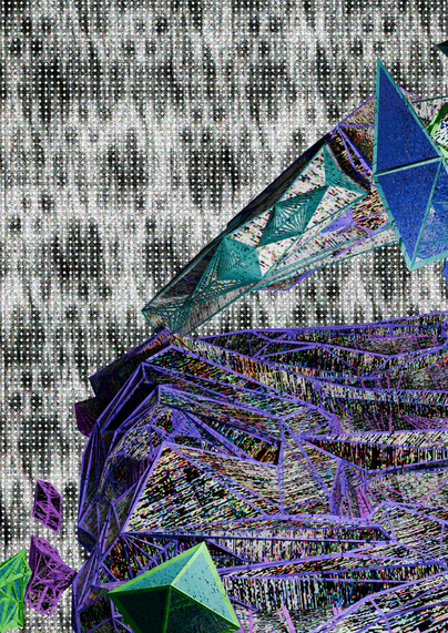 preview page from BIG DATA 006, showing 3D RENDERS on top of 2D NOISE BG with WHITE PIXEL DETAIL. the 3d is wireframed and is made from text converted into 3d then textured n edited.
