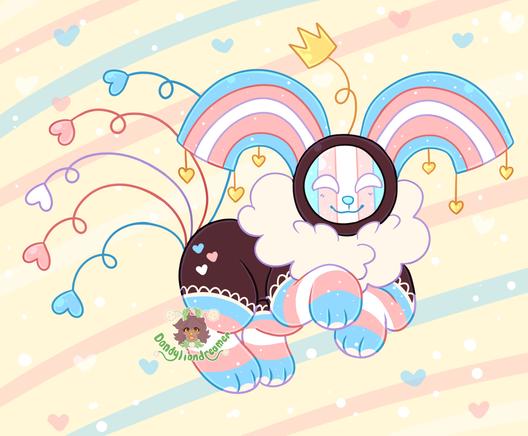 my oc tv star redesigned with the transgender flag in mind

they are a dog like character with a TV face, and trans colored rainbow ears from the head, gold crown props up from the middle of the head and gold hearts hang from the rainbow

their 5 tails are like wires curled with hearts at the ends in the colors of the trans flag, their legs are also like the trans flag

they have a white fluffy neck