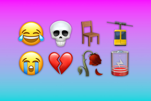A series of different emojis that have been involved in Gen Z's often chaotic and ironic emoji swapping meme: the Face With Tears of Joy, Skull, Chair, Aerial Tramway, Loudly Crying Face, Broken Heart, Wilted Flower, and Low Battery.
