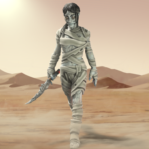 Image of a Hero Forge digital miniature recreation of Sofia Boutella's Princess Ahmanet from the 2017 The Mummy movie. The mini depicts Ahmanet in her mummy form stalking through the desert and wielding the Dagger of Set.