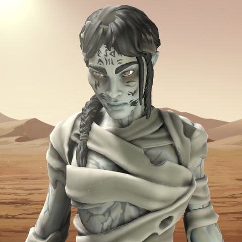 Image of a Hero Forge digital miniature recreation of Sofia Boutella's Princess Ahmanet from the 2017 The Mummy movie. The mini depicts Ahmanet in her mummy form stalking through the desert and wielding the Dagger of Set. This image is a close-up portrait exhibiting the details of the digital face sculpt and the paint and decal applications.