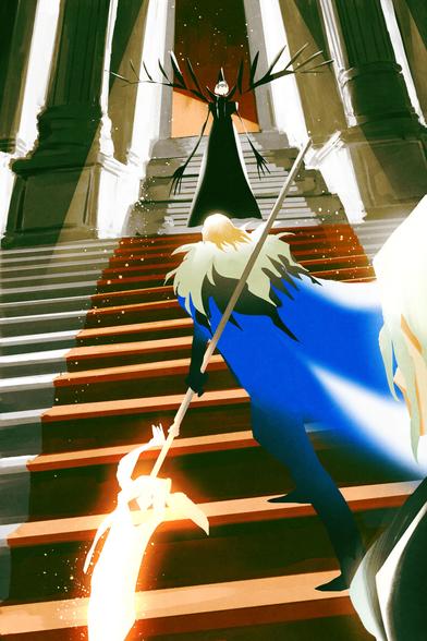 digital illustration of dimitri, byleth and hedgemon husk edelgard from fe3h.
Dimitri is ascending the stairs with his lance in hand to take out Edelgard at the top. Byleth is standing behind him.