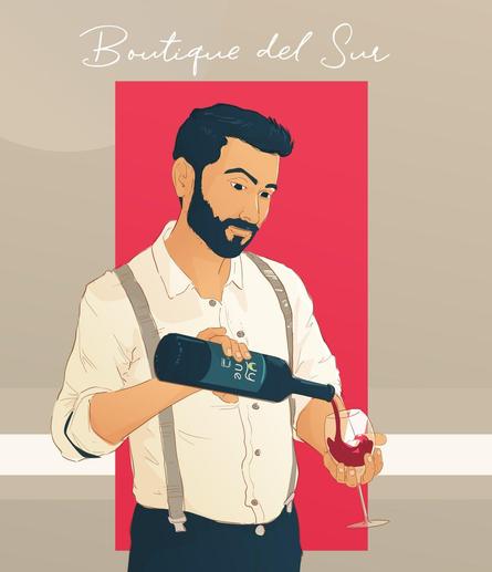 drawign of an advertisement where a spanish waiter is filling a glass of wine.