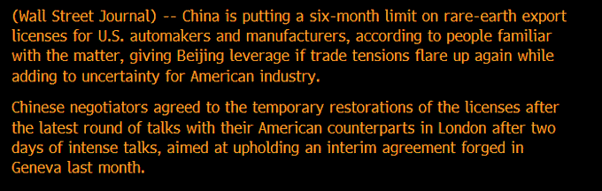 Text from a Wall Street Journal article discussing China’s six-month limit on rare-earth export licenses for U.S. automakers and manufacturers, highlighting the impact on American industry and recent negotiations between Chinese and American counterparts.