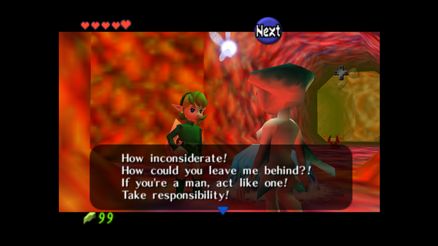 A screenshot of the Legend of Zelda: Ocarina of Time randomizer, featuring child and adult versions of Saria's model to replace Link.

Pictured is the child player character (named Sera for my playthrough) having an encounter with Ruto, the Zora (fish people) princess inside the Jabu Jabu's Belly dungeon.

Ruto says: "How inconsiderate! How could you leave me behind?! If you're a man, act like one! Take responsibility!"

I really dislike the game's overly gendered language to begin with, so I plan to hack in some gender-neutral or femme-coded dialogue ahead of any future randomization.