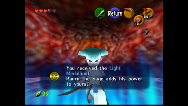 A screenshot of the Legend of Zelda: Ocarina of Time randomizer.

Front and center is Ruto, the Zora princess, blushing as she hands over the dungeon's boss item to the player character.

The game text says: "You received the Light Medallion! Rauru the Sage adds his power to yours!" as the Light Medallion had randomly been assigned to this dungeon.