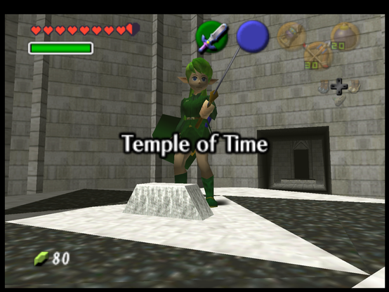 A screenshot of the Legend of Zelda: Ocarina of Time randomizer, featuring child and adult versions of Saria's model to replace Link.

Pictured is an adult "Sera", having just pulled the Master Sword out of its pedestal in the Temple of Time.