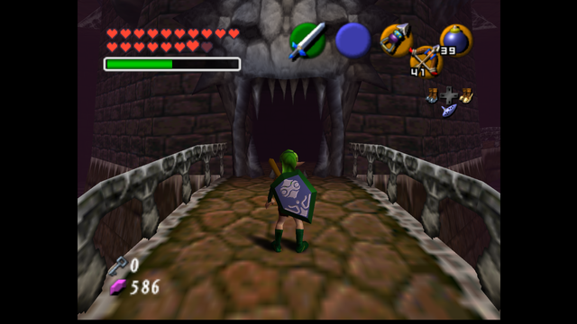 A screenshot of the Legend of Zelda: Ocarina of Time randomizer, featuring child and adult versions of Saria's model to replace Link.

Pictured is an adult "Sera", as she's about to enter the final gauntlet in Ganon's Castle through a skull-shaped door with sharp fangs. She carries the Biggoron Sword and Mirror Shield on her back.