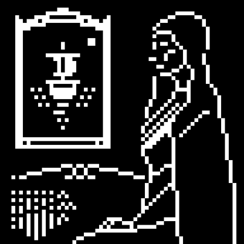 Black and white 1 bit pixel art illustration of a skinny phantom lady with a cape looking at a painting (or is it a mirror?) where one can see a sailboat departing under the moonlight. The lady is sitting next to a sofa.
