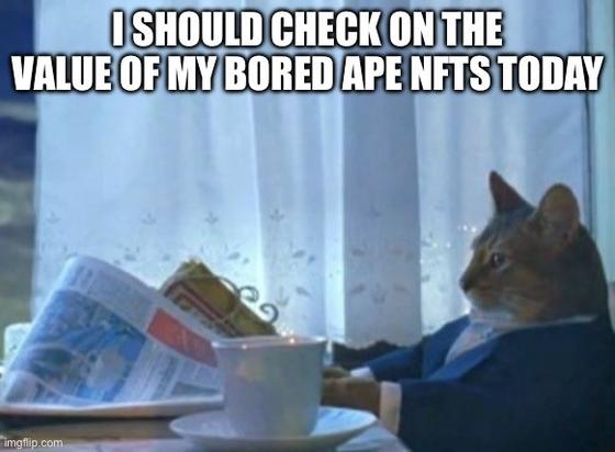 Meme of a cat sitting at a table holding a newspaper, with caption: I should check on the value of my bored ape NFTs today