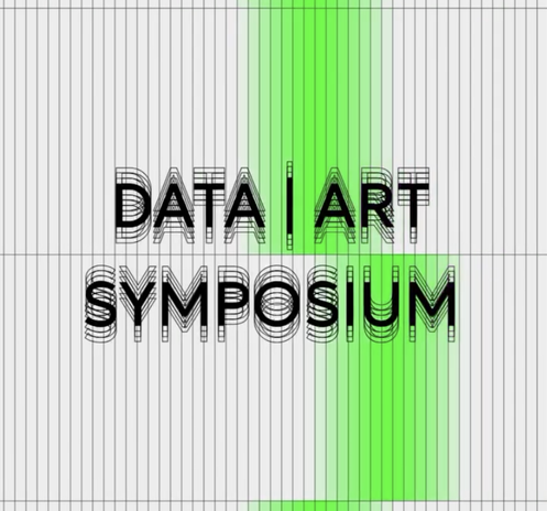 The poster for the event with black text reading "Data | Art Symposium" on a background of white and green stripes