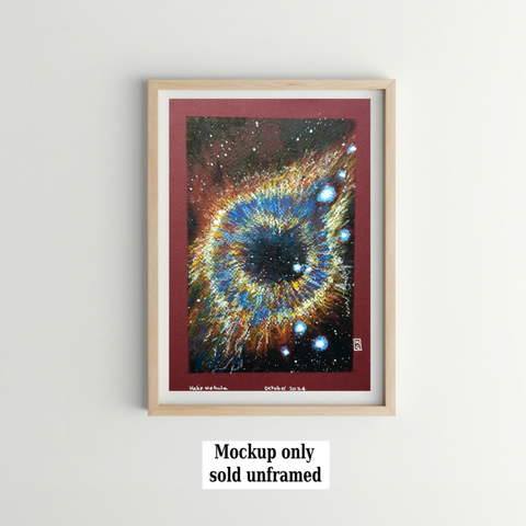 An oil pastel painting of the Helix Nebula, also known as the Eye Of God Nebula. It is a tube-shaped planetary nebula, an expanding shell of gas around a dying star, located 650 lightyears away and can be seen in the constellation Aquarius.
an original art work
Fine art oil pastel on toned pastel paper
Size A5 (21cm x 14.5cm)
Sold unframed