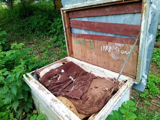 Bee hive made of wood with a metal roof. The lid opens on hinges  and has holding straps. Inside are old cushions for insulation. The years 2000 and 1998 are written in different paints inside the lid. The paint is old and chipping.