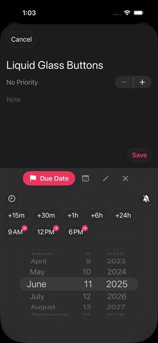 A sheet for adding a task to TaskFrame, with Liquid Glass buttons.