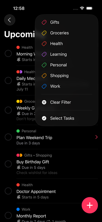 The Upcoming task view in TaskFrame with a Liquid Glass toolbar.
