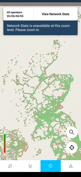 Screenshot of OpenSignal, showing an outline map of Scotland represented as coloured dots that represent mobile signal strength.  Green is strong, red is weak, and colours in between are… in between.