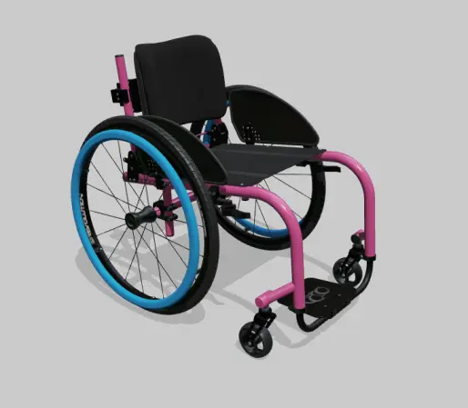 My new wheelchair. The handrails are made out of blue wood with a pink metal frame. The reamianing part of the wheelchair is black paneled but I plan to spraypaint it white once I get it.