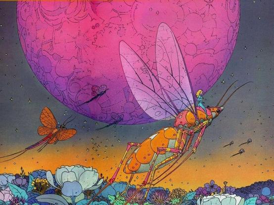 a colorful fantasy painting where people are riding alien dragonflies and butterflies over a field of giant flowers (either that or the people are very tiny).  and behind them is a huge pink moon in a starry sky that has an edge of orange light at the horizon