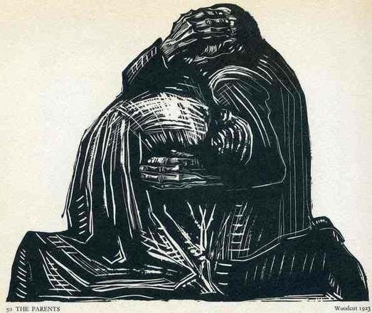 a very rough black and white wood-cut print of two figures in an embrace on their knees, they are clearly expressing suffering, with one burying their face in the others arm and the other covering their face with their hand