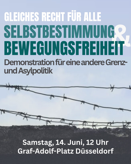 Titel der Demo vor einem Bild mit Stacheldrahtzaun