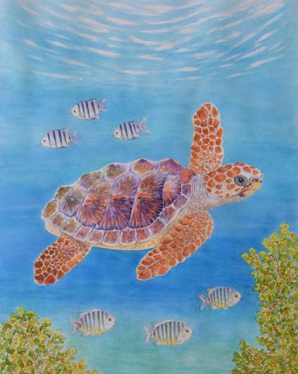 Watercolor painting of a sea turtle swimming in blue water. Six striped fish swimming around the turtle. Some sea kelp on each side.