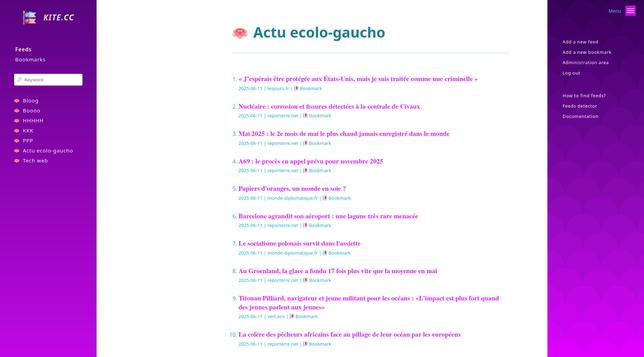 KITE, feeds page with top right menu open