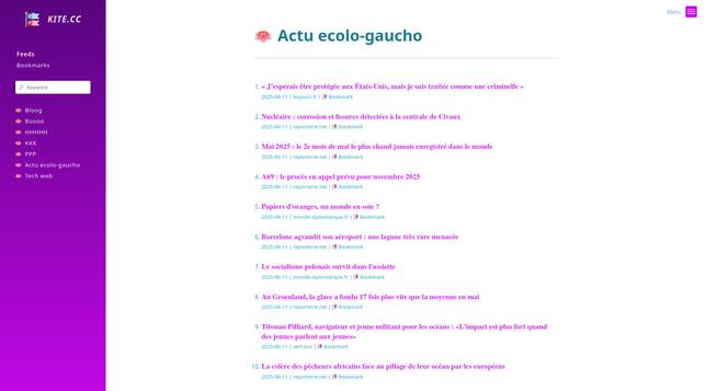 KITE, feeds page with top right menu close