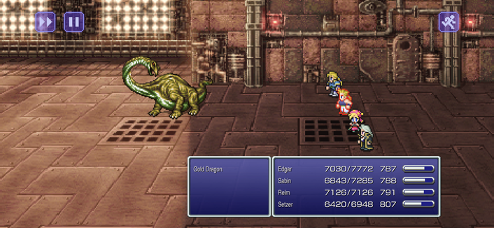 Alt text description: A 2D, retro-style game screenshot from FINAL FANTASY VI. On the left, a character is engaged in combat against a green dragon-like creature. The environment appears to be an industrial or underground setting with mechanical structures. Theres a health bar at the bottom and a name above it.